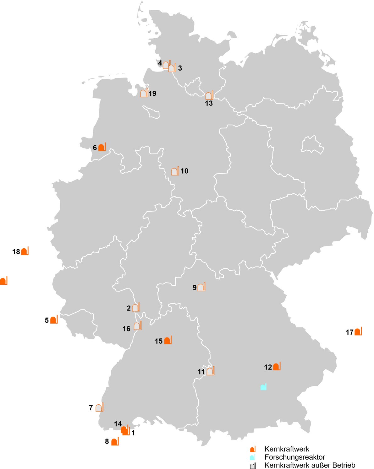 Karte von Deutschland: Es werden, die in der folgenden Auflistung aufgeführten Kernkraftwerke mit dem Umkreis von 100 Kilometern angezeigt.