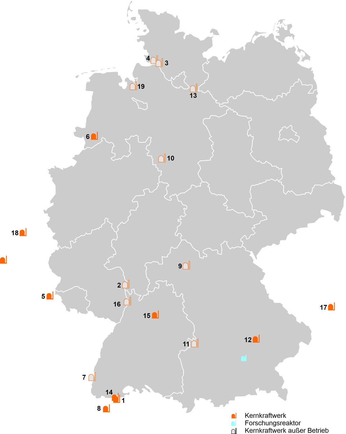 Map of Germany: The nuclear power plants listed in the following list with a radius of 100 kilometers are shown.